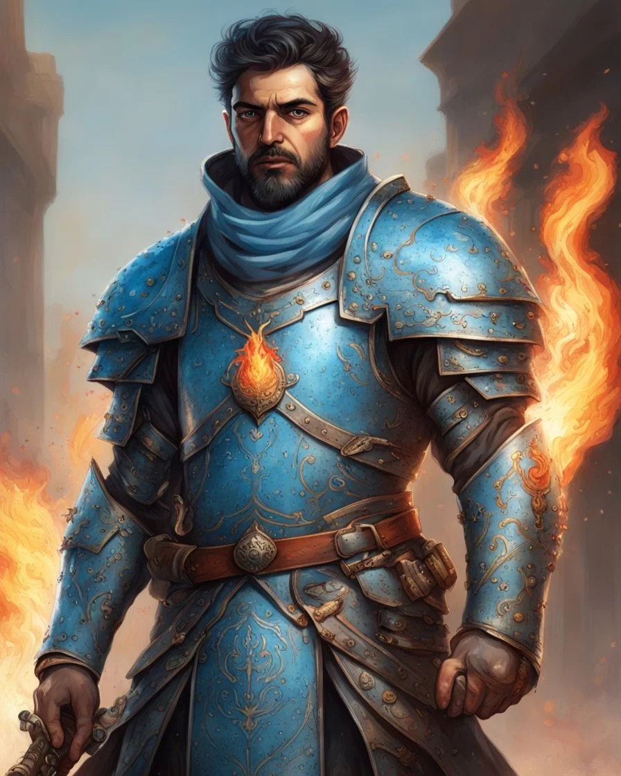 An iranian commander with flaming eyes with flaming light blue pupils with stubble An armor made of a mixture of steel and leather, worn by a strong commander with magical power stands atop a squire