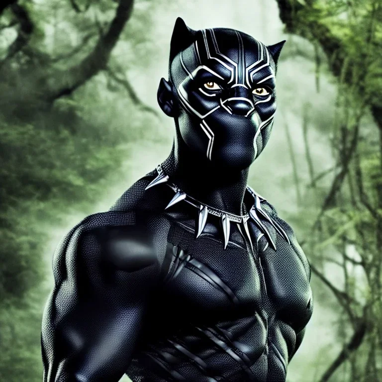 portrait, will smith in black panther suit, without mask on, intense stare, dark forest, dynamic lighting, 8k, ultra detailed