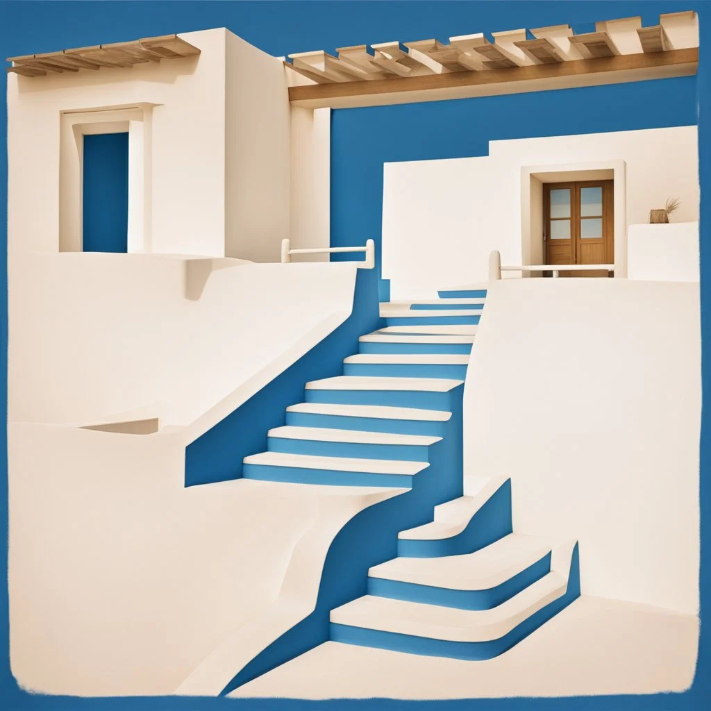 Minimalist abstract cyanotype photo of stairs outside a Greek house