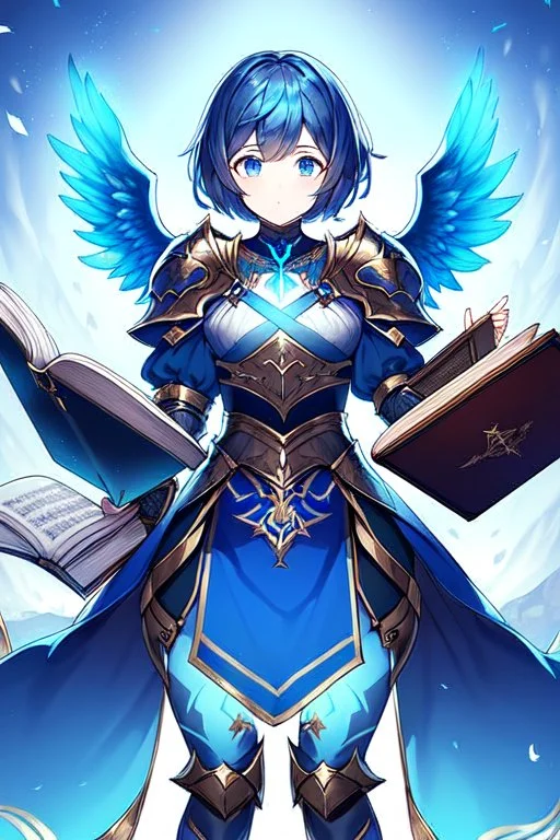 a person in runic armor with blue wings, blue short hair, runic tattoo and spell book