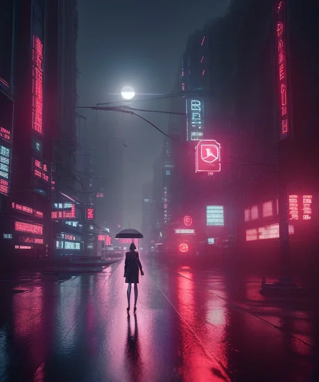 circular white moon, 3D, beautiful, light reflecting, empty city, midnight, rainy night, neon, cyberpunk, person walking