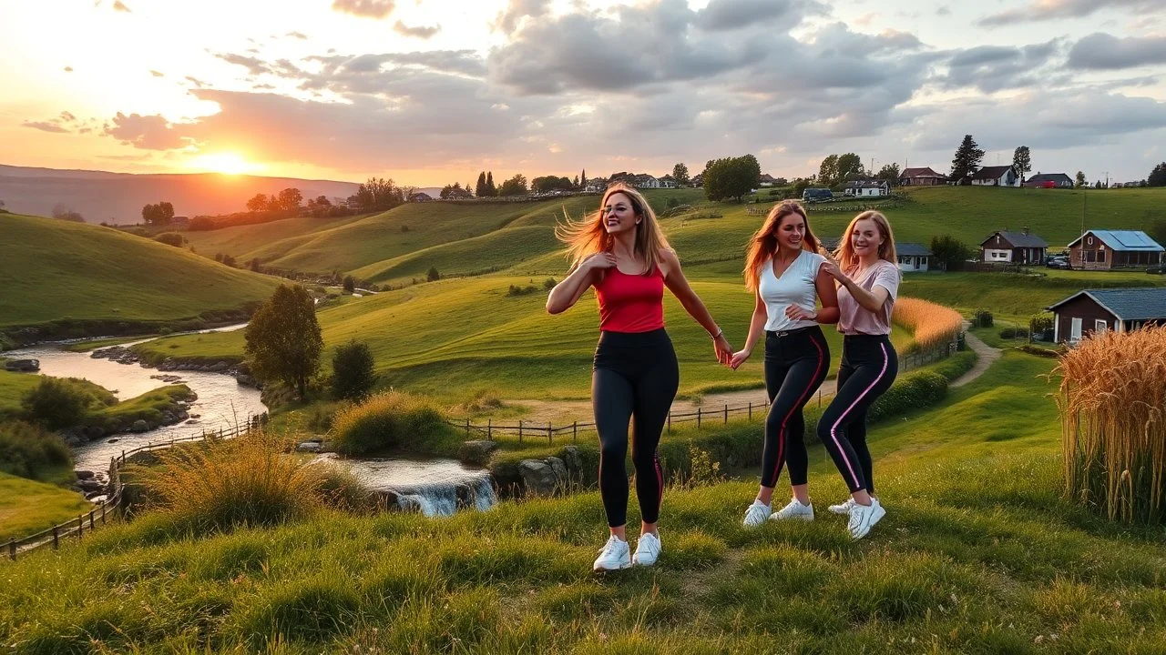 a group of young ladies in sports pants and blouse are dancing to camera in village over high grassy hills,a small fall and river and wild flowers at river sides, trees houses ,next to Ripe wheat ready for harvest farm,cloudy sun set sky