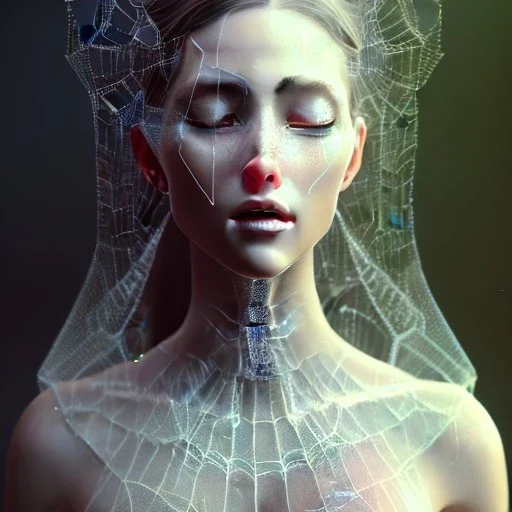 beautiful woman with spiderwebs on face, asleep on bed, eyes closed, 8k, high-quality, fine-detail, intricate, sharp, crisp, digital art, detailed matte, illustration, octane render, brian froud, howard lyon, Anne Dittman, Anne Stokes, Lisa Parker, Selina French