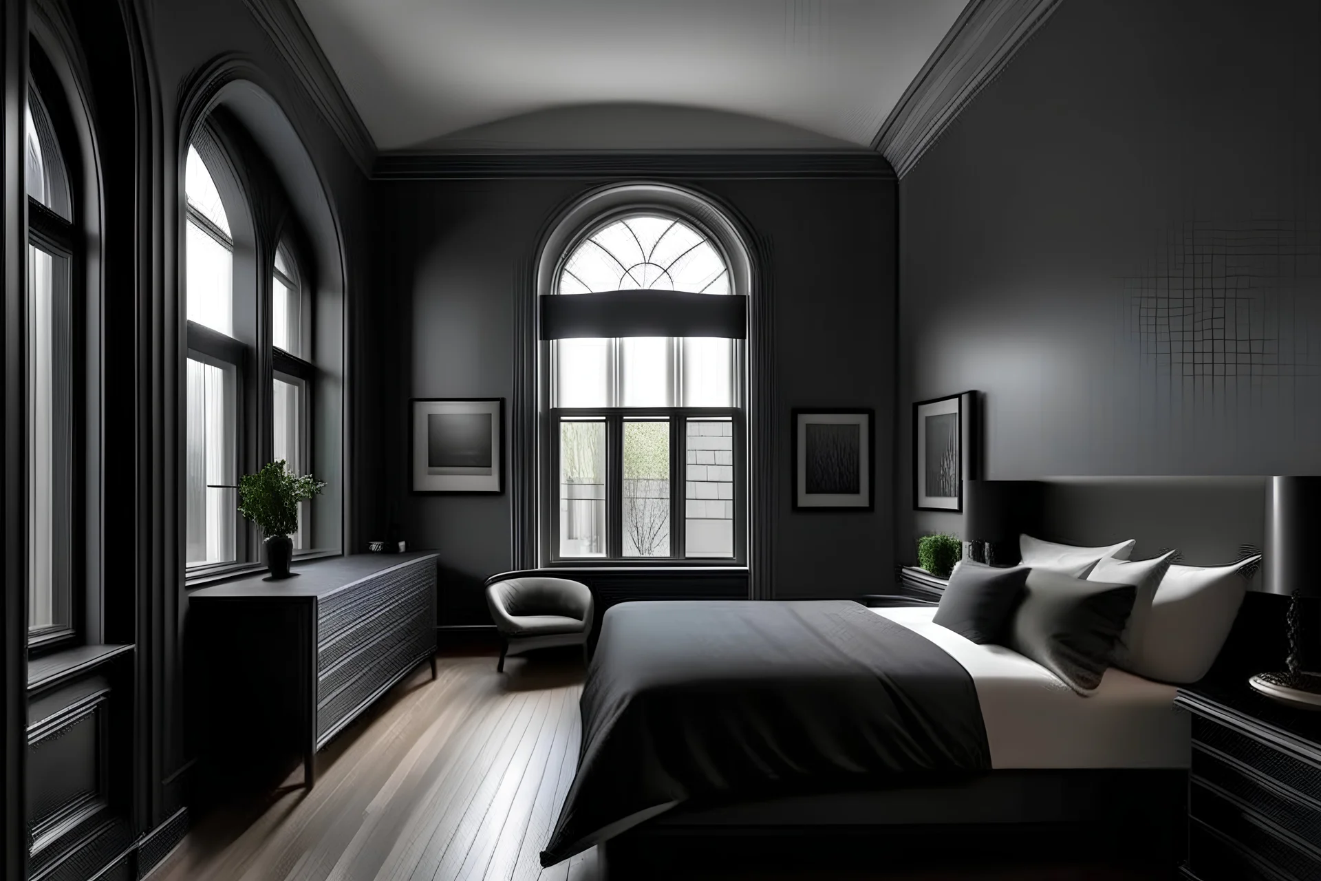 arched ceiling dark grey bedroom in the minimalistic townhouse with two windows