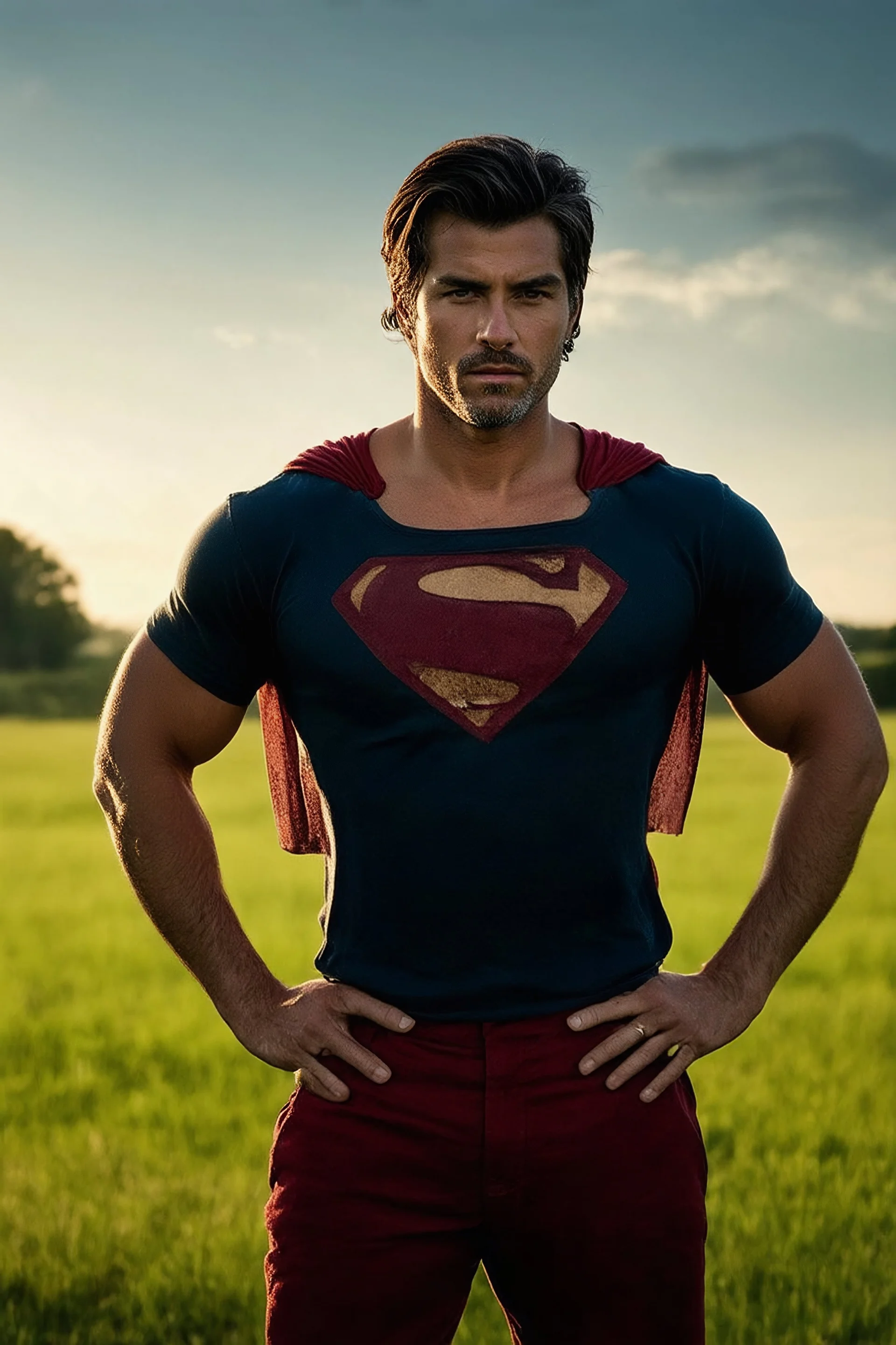 Full-length image, head to toe, create a photorealistic portrait of an extremely muscular Tom Welling Superman as an old man, with (dyed black hair:1.3), and gray temples and sideburns, standing outside the Kent Farmhouse in a green field with his hands on his hips, in the late afternoon, with natural sunlight casting warm golden light across his face revealing every wrinkle and the texture of his skin, sharp focus on his eyes showing depth, moisture, reflections, with a soft bokeh background