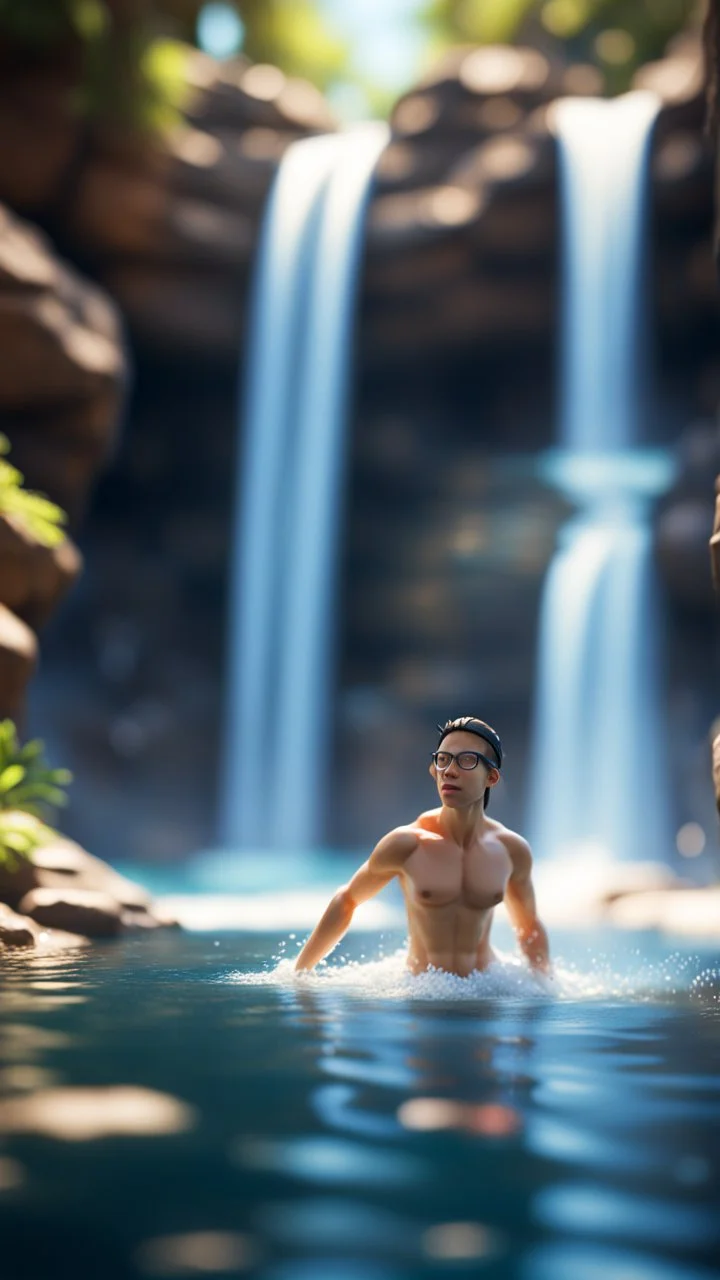 dork swimming in waterfall,bokeh like f/0.8, tilt-shift lens 8k, high detail, smooth render, down-light, unreal engine, prize winning