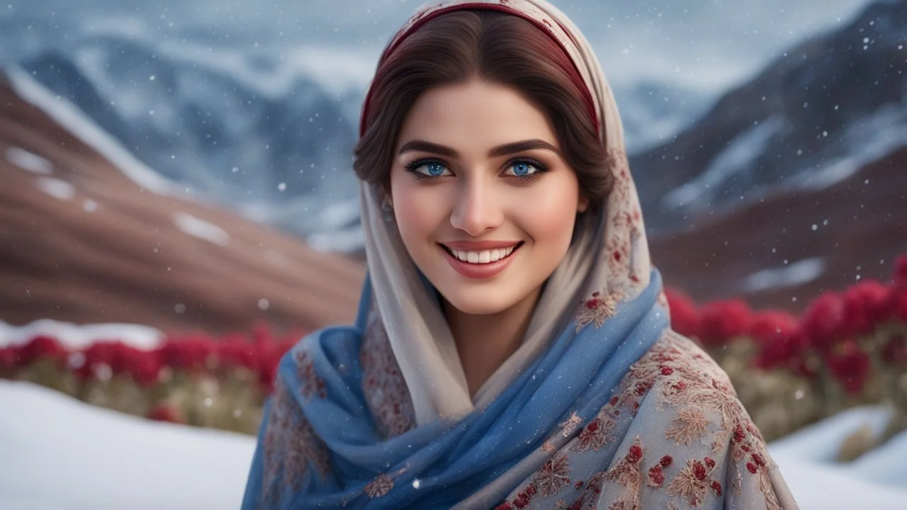 Hyper Realistic close-up-view of a Gorgeous-Young-Pashto-Women-with-beautiful-blue-eyes smiling & whirling wearing blue-grey-dress & beige-shawl-with-maroon-embroidery on mountains-with-flower-garden at snowfall night withy dramatic & cinematic ambiance