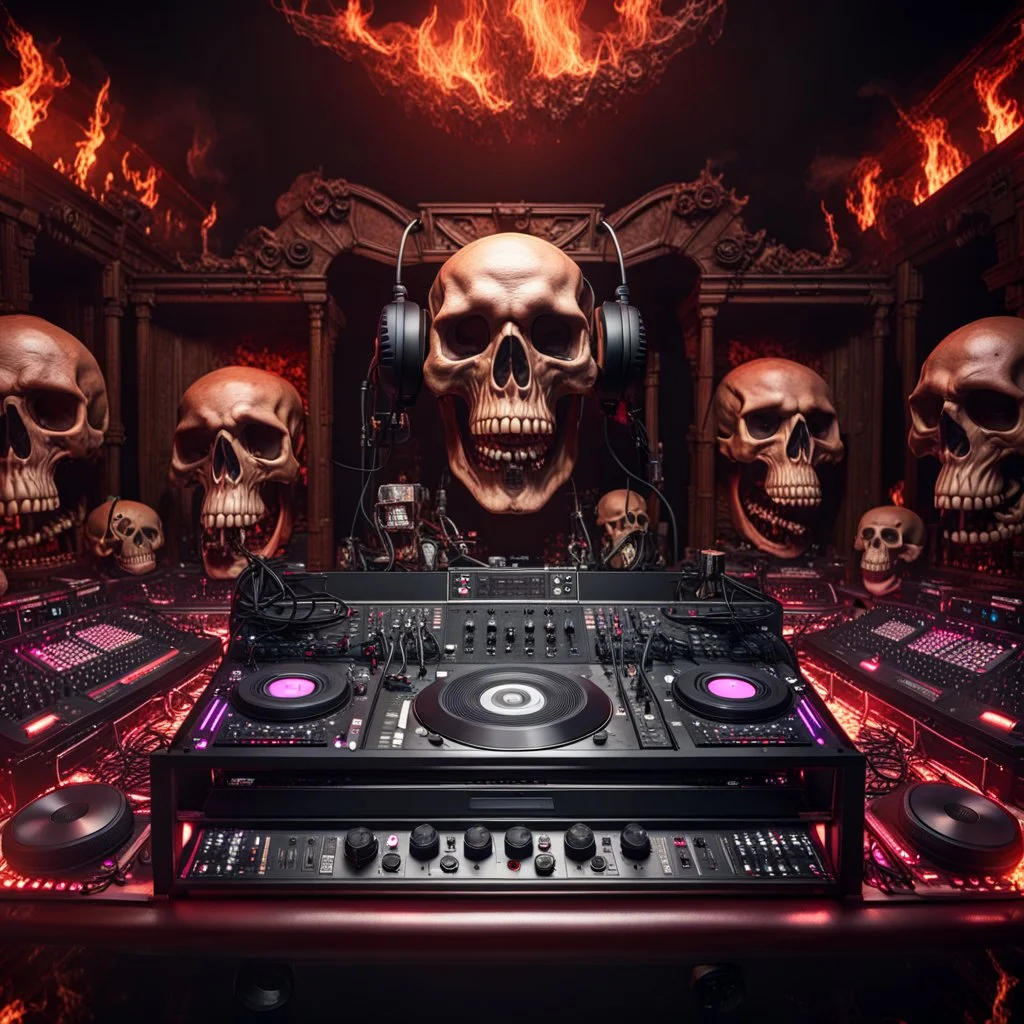 DJ of the damnded, insanely detailed DJ booth in hell, MID set, speakers and equipment made of bone, anatomically correct, add more skulls in th audience, photorealism, vray, 8k 3d