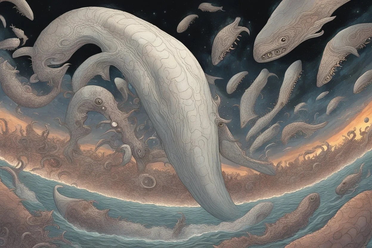 View into an event horizon in space with many enormous strange tentacled whale-like creatures with many huge faceted eyes and mouths, flying around