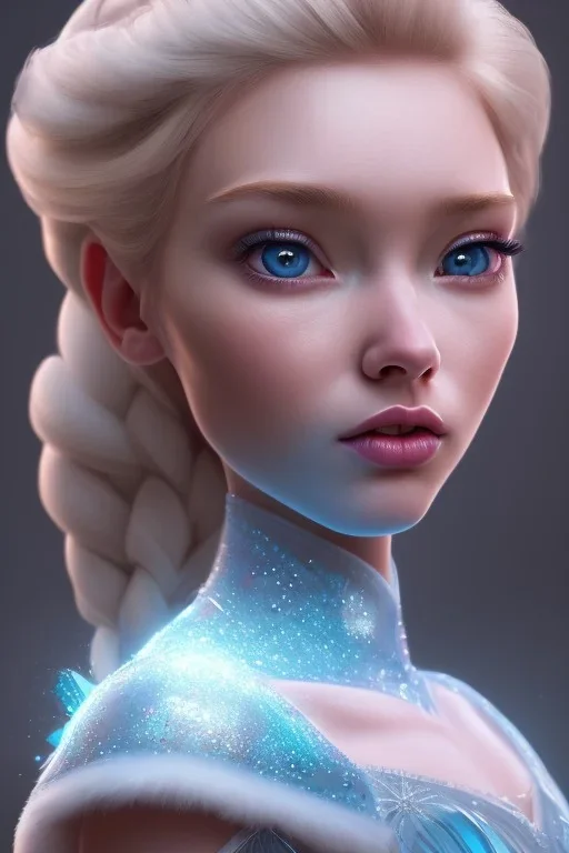 20 year old girl, cute, beautiful, blonde hair, Elsa hair, blue eyes, big eyes, pale skin, blue dress, ice dress, long eyelashes, pink lipstick, thin lips, small nose, 8k resolution concept art portrait by Greg Rutkowski