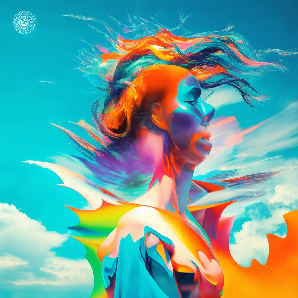 piece of album art with a women fusion with light against sky background, abstract experimental style album cover, high level of noise and subtle texture, psychedelic cover, shapes and waves.