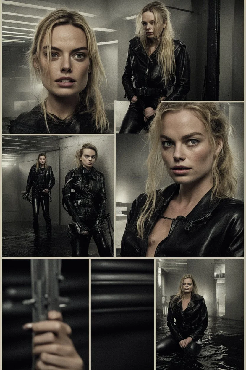 Margot Robbie and Georgia Henshaw tied up back-to-back in black leather, trapped in a flooding chamber.