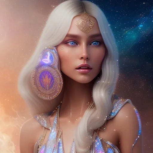 white woman glitter smiling long blond hair blue eyes in a galactic ambiance, delicate colors in the foreground, full of details, smooth, light effect，vaporwave colorful, smooth, extremely sharp detail, finely tuned detail, ultra high definition, 8 k, ultra sharp focus