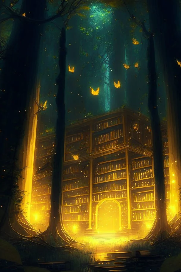 a huge library in forest with fireflies and yellow magic lights around trees that have wide leaves and broad trunked