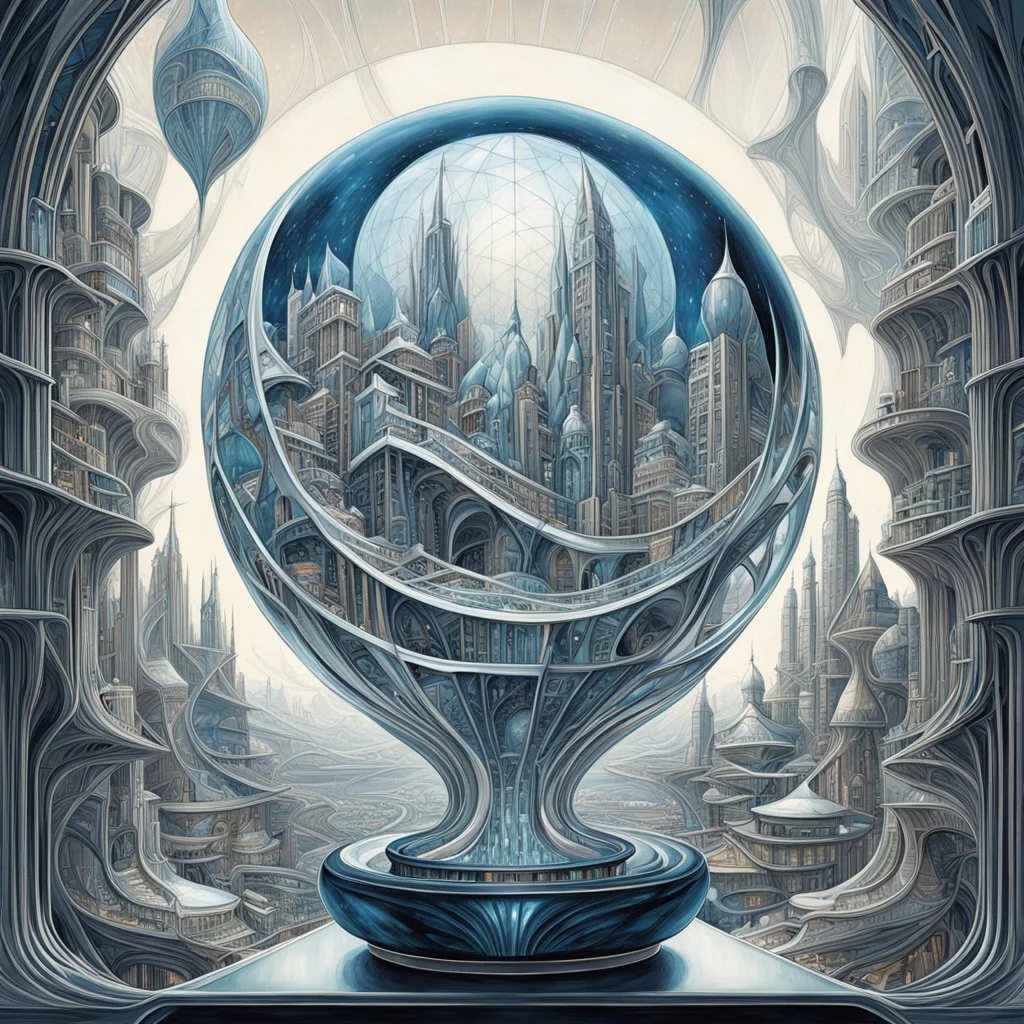 Inside a crystal globe exists a miniature futuristic perfect utopia, biomorphic white and silver and midnight_blue Escher-esque flowing sleek buildings, by Kay Sage, by Daniel Merriam, by Peter Mohrbacher, surrealism, silverpoint illustration, technically perfect, sharp focus, bright primary colors, sharp contrast, maximalist, heavy intricate detail, Utopian.