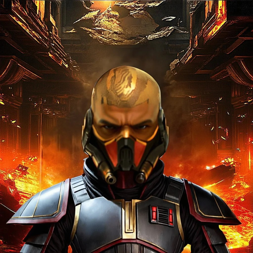 star wars bald male corellian jedi wearing gunmetal grey and black old republic armored flightsuit with gold and metallic red trim inside the jedi temple, centered head and shoulders portrait, hyperdetailed, dynamic lighting, hyperdetailed background, 8k resolution, volumetric lighting, light skin, fully symmetric details