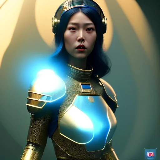 woman, asian, blue, round helmet, decorative color feathers, retro futuristic, latex coat, soft color, highly detailed, art stations, concept art, smooth, unreal engine 5, god rays, ray tracing, RTX, lumen lighting, ultra detail, volumetric lighting, 3d, finely drawn, high definition, high resolution.