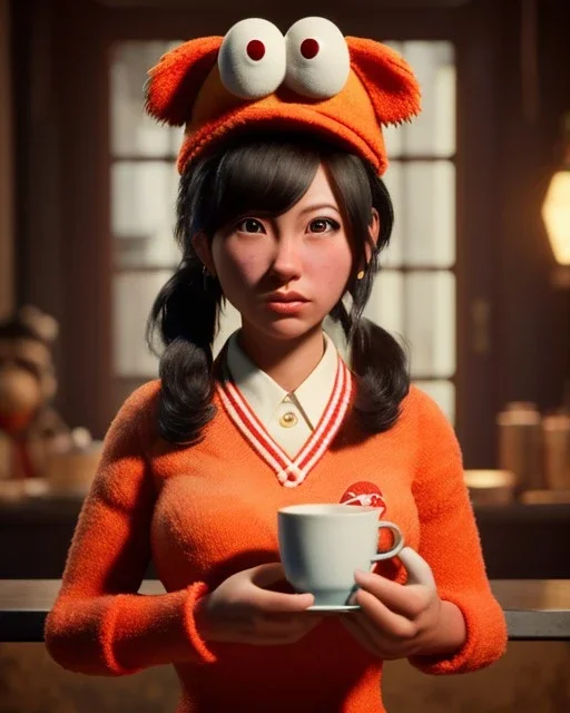 waitress Japanese woman with muppet mask that covers her entire head, red, retro style, Sesame Street style, smooth, unreal engine 5, god lights, ray tracing, RTX, lumen lighting, ultra detail, volumetric lighting, 3d.