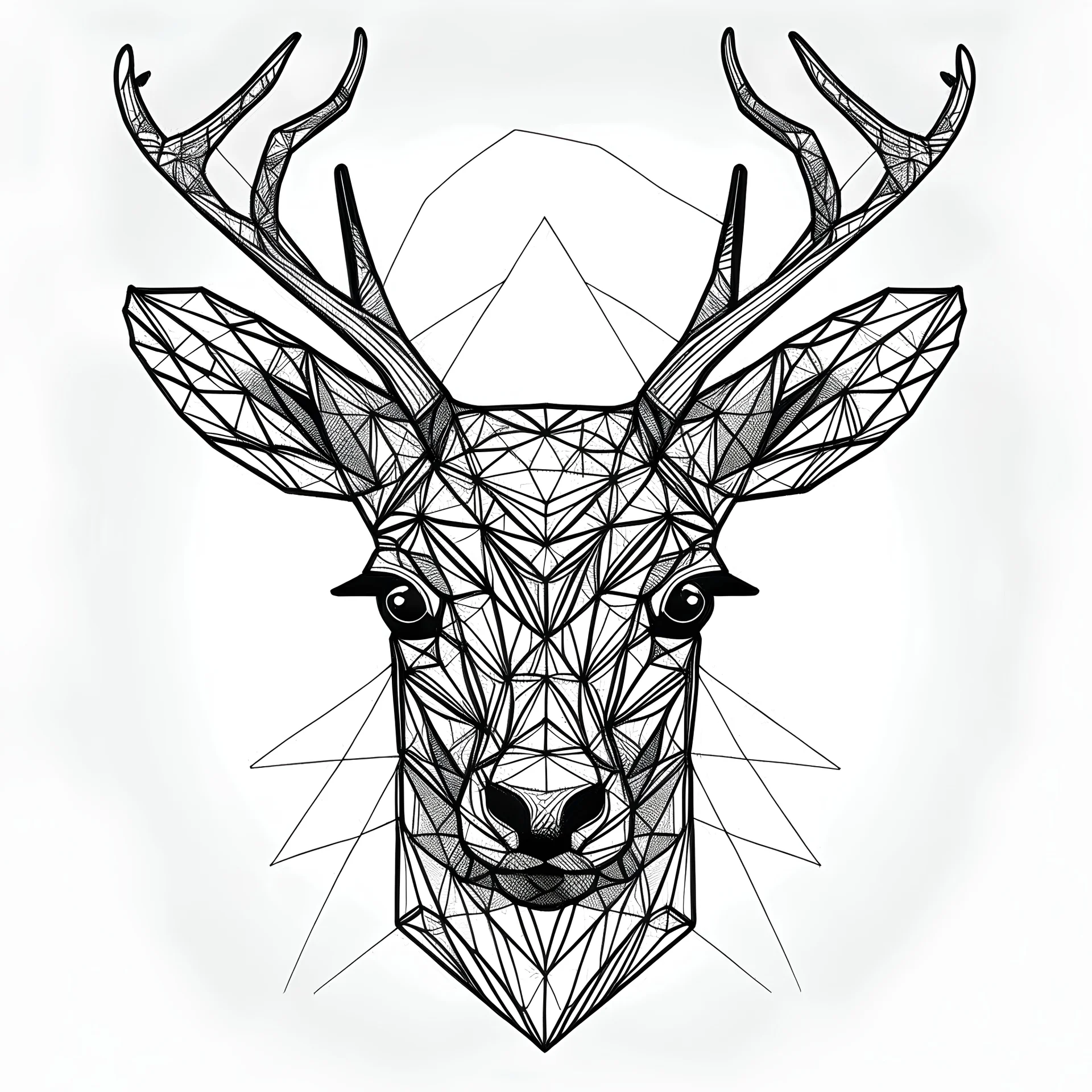 Poly line geometric deer face, engraved, black and white