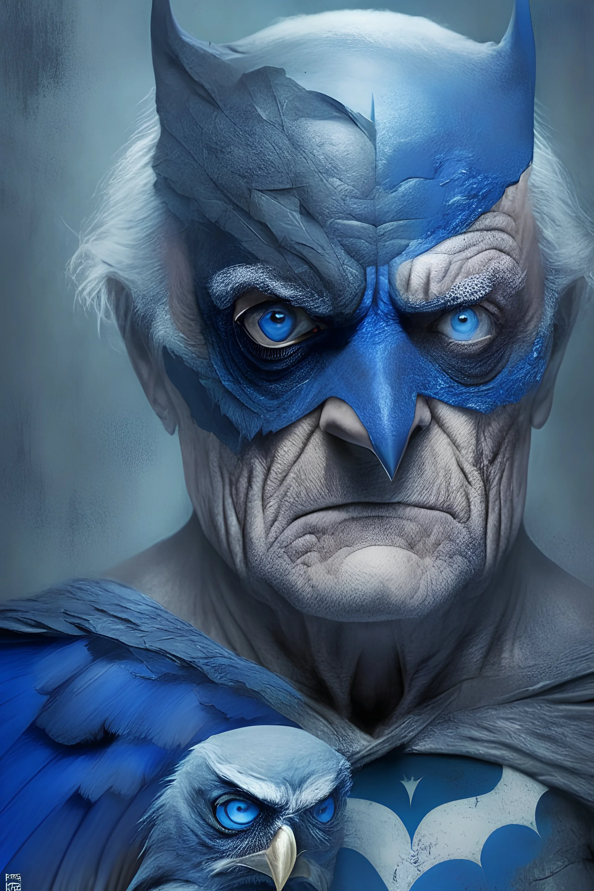 batman old face and with big blue eyes holding an eagle in his left hand