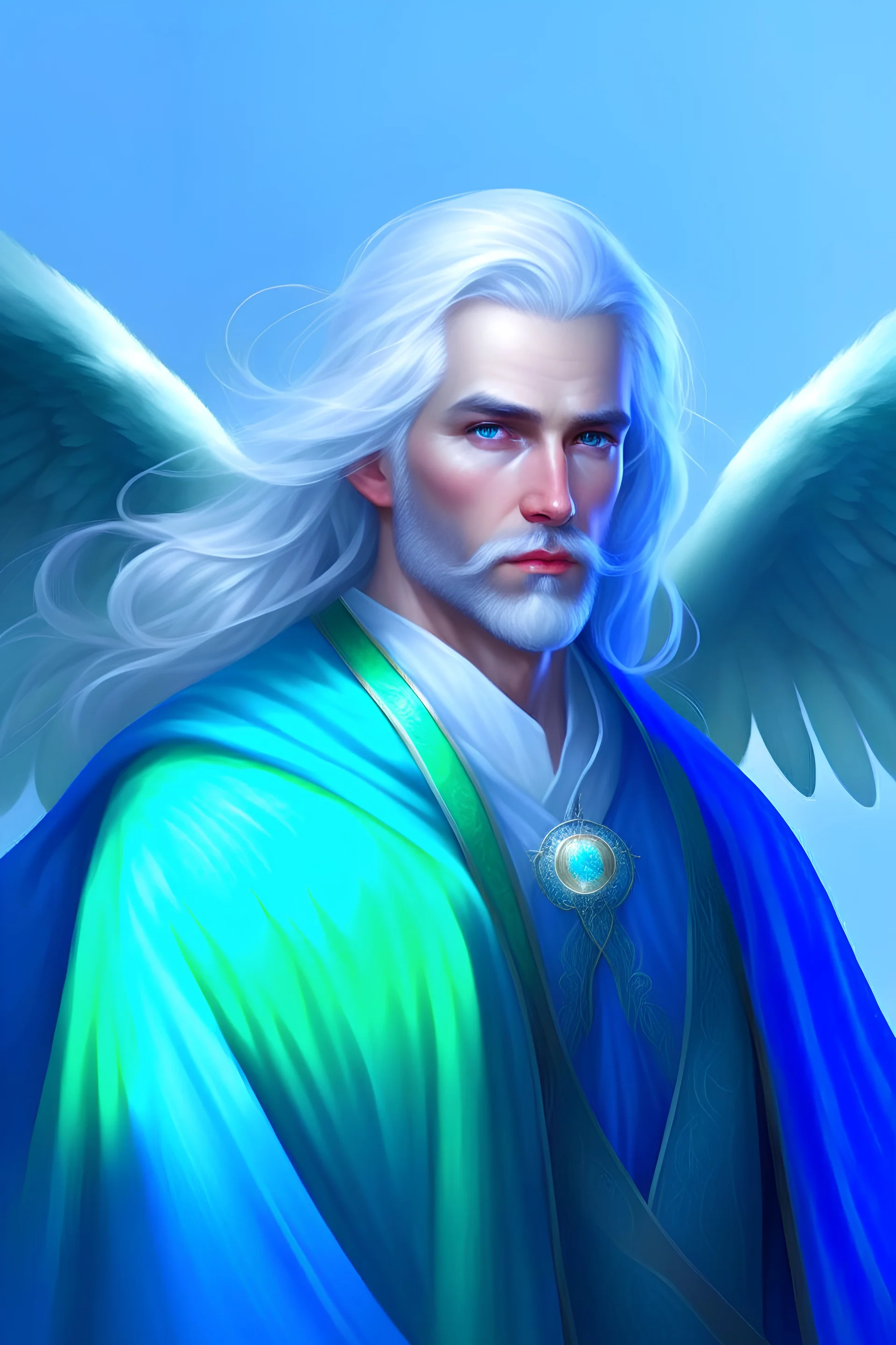 A male aasimar with green eyes. Shoulder-long silver hair, and golden-colored angel wings. A silver colored, extended goatee. Wearing elegant blue robes with copper colored trim. The robes have a hood that he is wearing.