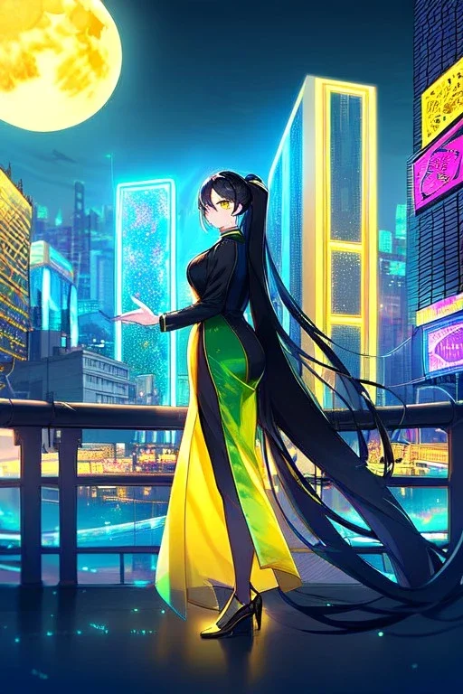 girl, masterpiece, best quality, cinematic lighting, detailed outfit, perfect eyes, black hair, golden eyes, long hair, ponytail, girl standing in a modern cityscape at night with a bright yellow moon in the background, detailed cityscape illustration, neon lights, vibrant colors, dramatic lighting,