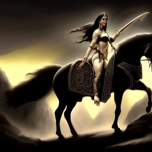 ultra detailed portrait of beautiful Dejah Thoris Riding a Black Horse and wearing a bikini plate armor, extremely detailed digital painting, in the style of Ken Kelly and A.J. Manzanedo and FRANK FRAZETTA and Simon Bisley and Ashley wood, mystical colors, rim light, beautiful lighting, 8 k, stunning scene, raytracing