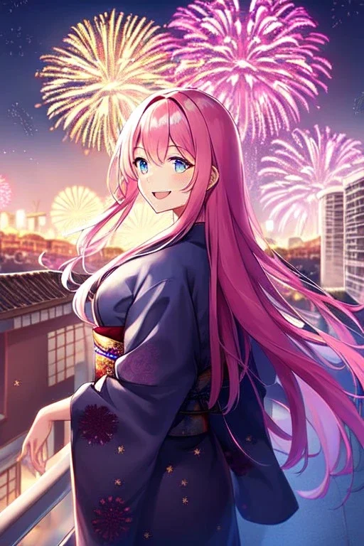 girl, masterpiece, best quality, cinematic lighting, detailed outfit, vibrant colors, perfect eyes, long hair, pink hair, blue eyes, kimono, fireworks, laughing, town, looking back,