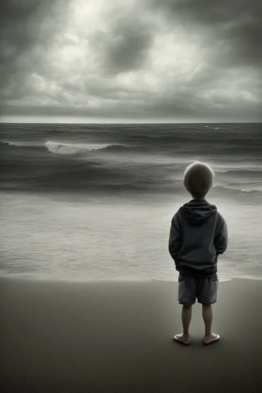 desaturated oil painting of boy on beach, old clothes, dark storm clouds overhead, gloomy, bleak, little fires