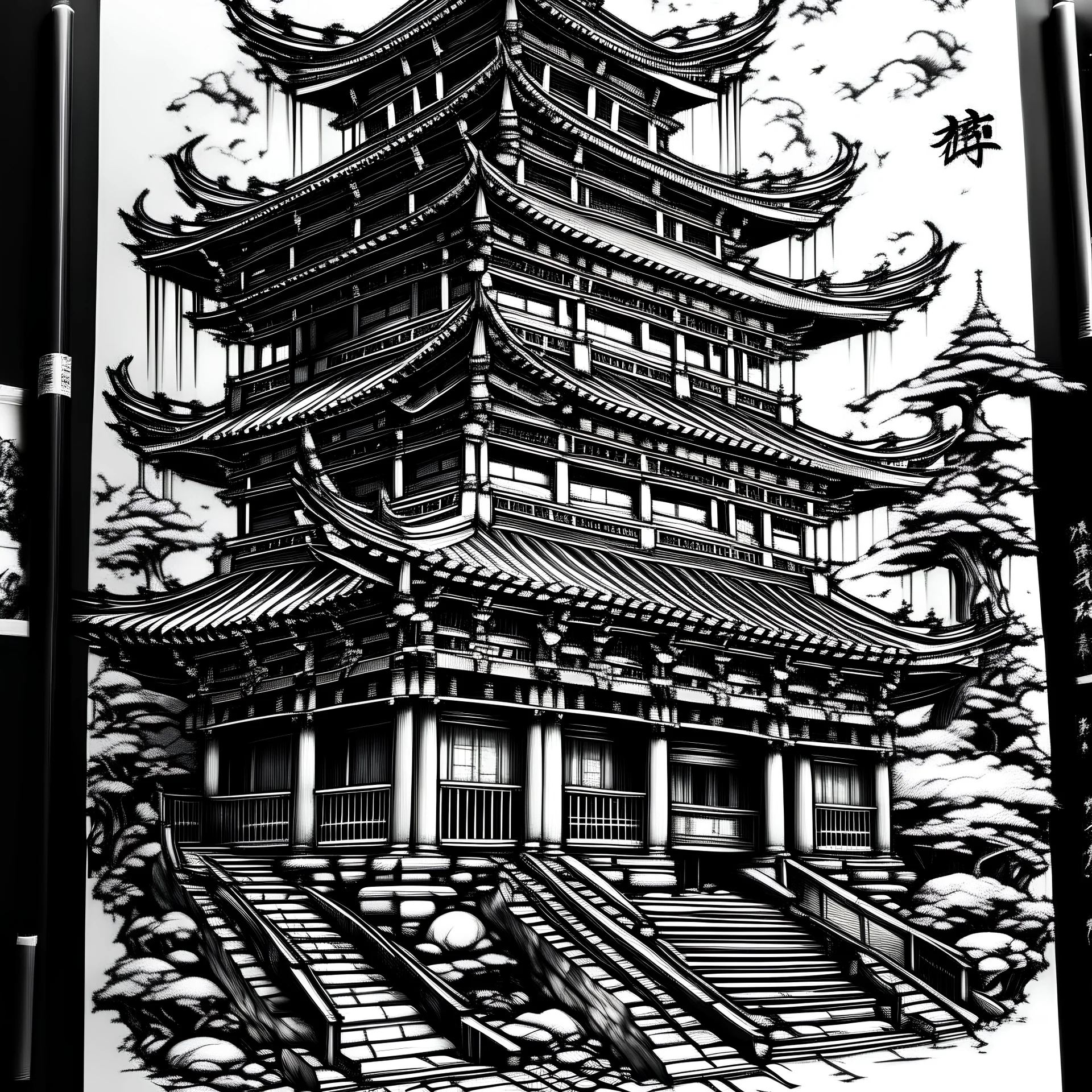 Black and white, tattoo sketch, Japanese traditional, traditional architecture, cyberpunk style,