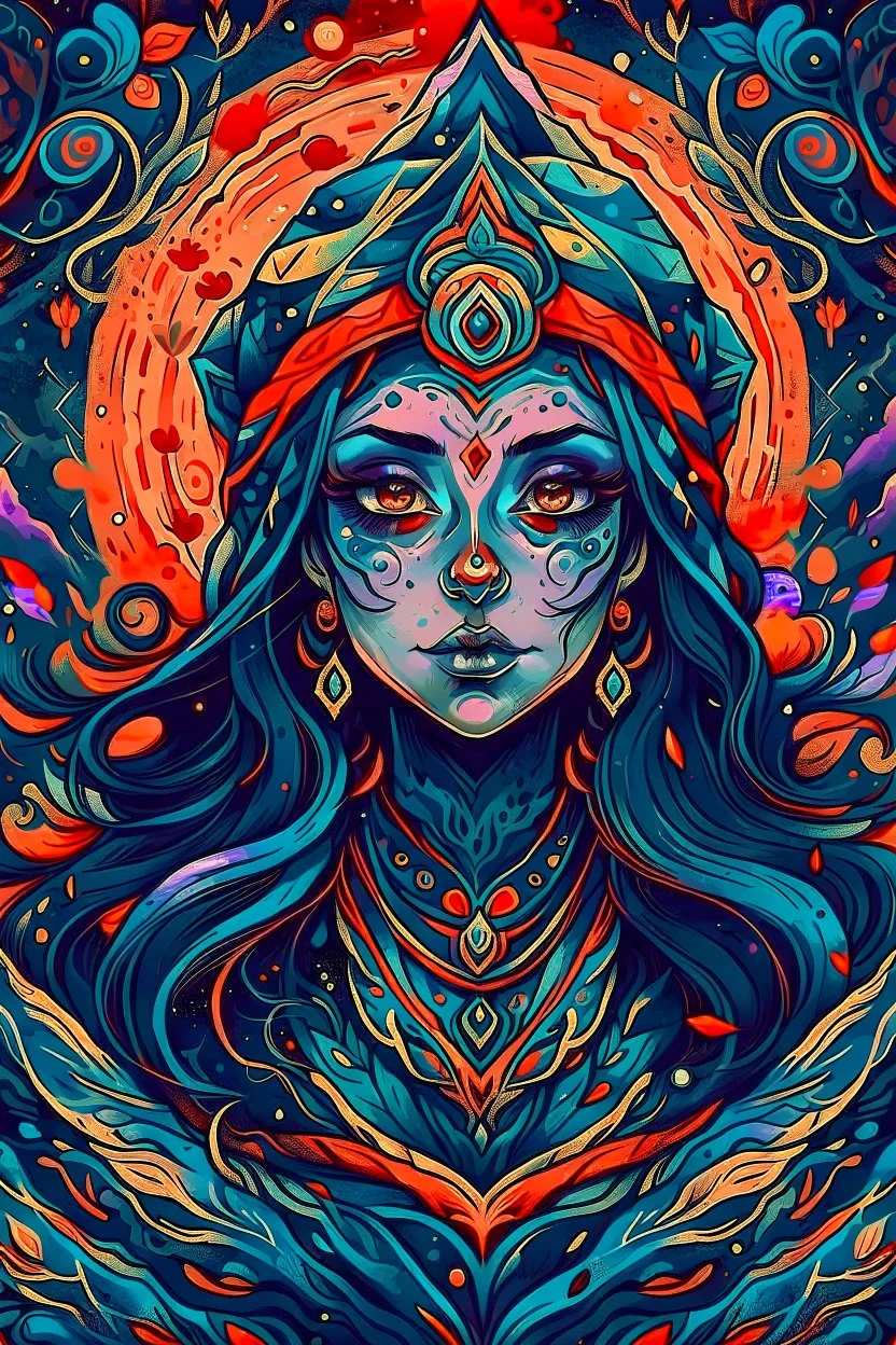 create an abstract impressionist, ethereal, darkly magical lithographic print illustration of an epic female Andalusian sorceress with highly detailed and deeply cut facial features