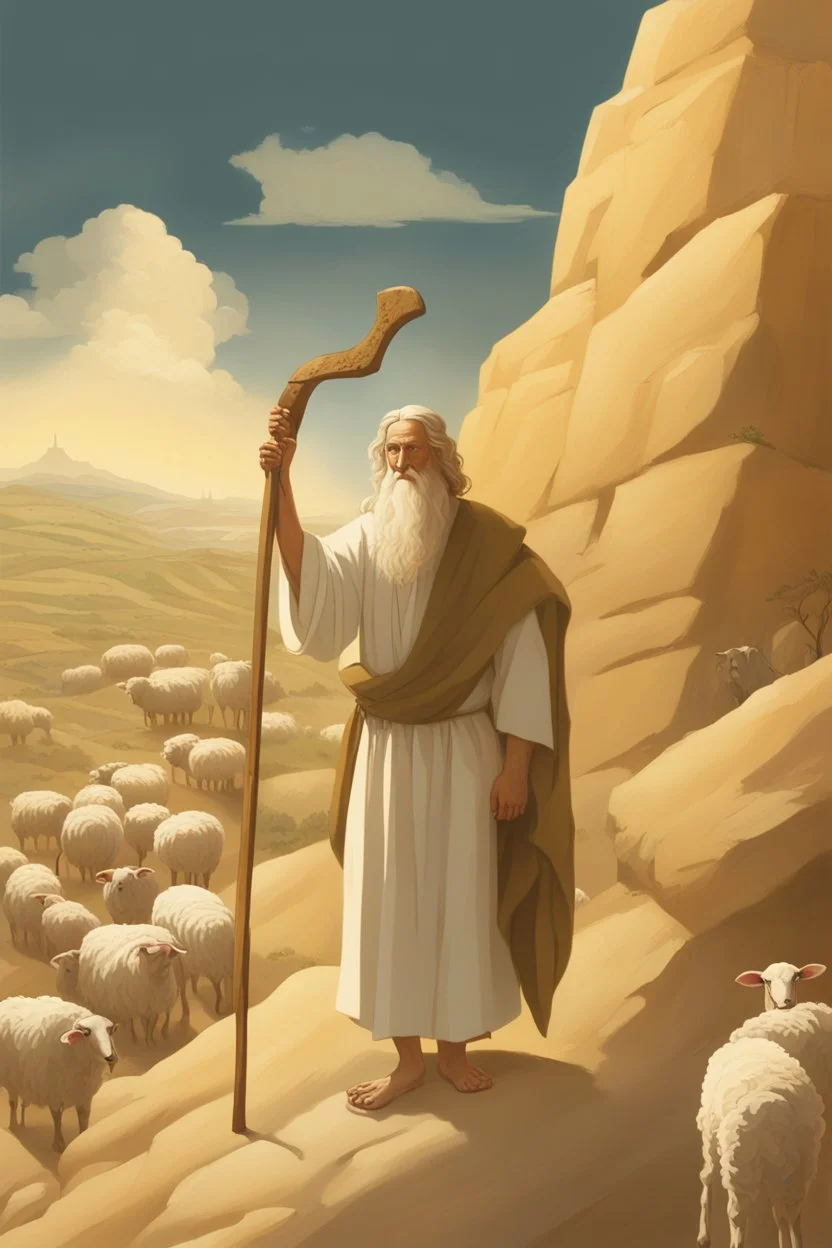 Moses stands on a mountain and holds a crooked wooden staff. Next to HIM ARE SEVERAL SHEEP, at HIS feet are stone tablets on which the ten commandments of God are written, and below is a valley with cities of Palestine where milk and honey flow. sand, palm trees and mountains. There is a silhouette of God in the sky. Everything is painted in oil painting with high-quality drawing of details