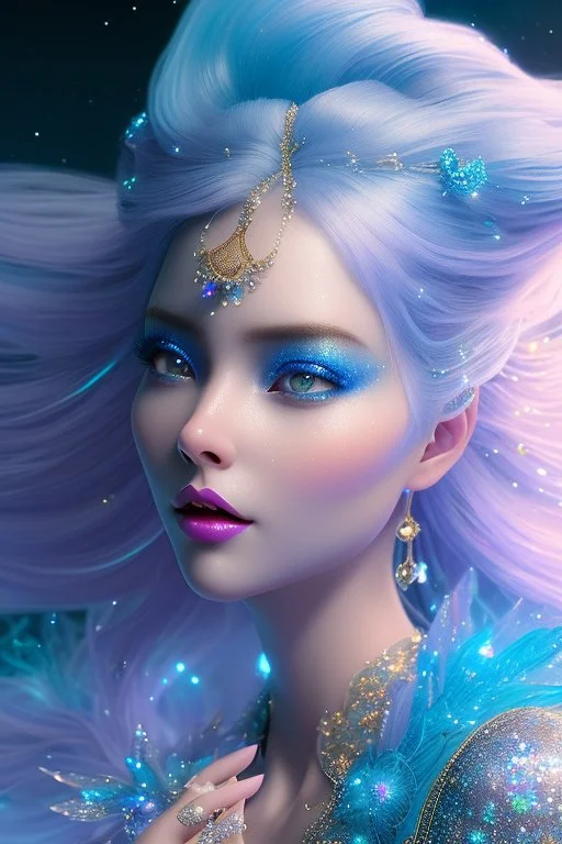 woman glitter blue fairy in a galactic ambiance, long blue hair, detailed gorgeous smile, delicate colors in the foreground, full of details, smooth, light effect，vaporwave colorful, smooth, extremely sharp detail, finely tuned detail, ultra high definition, 8 k, unreal engine 5, ultra sharp