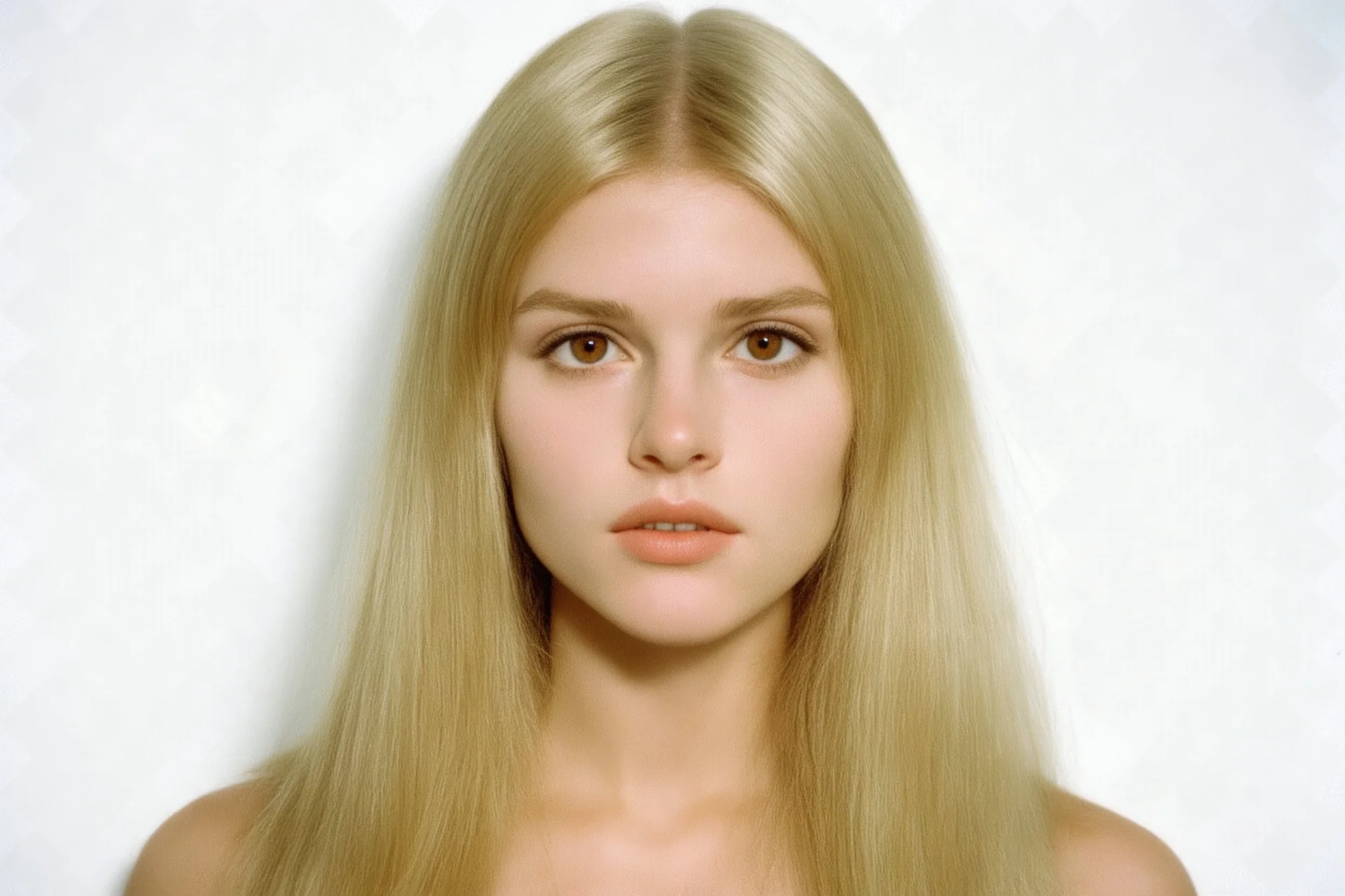 Années 70, Jeune femme caucasienne,blonde avec racines, cheveux long séparés au milieu, yeux marron, petit nez, visage rond, fond blanc