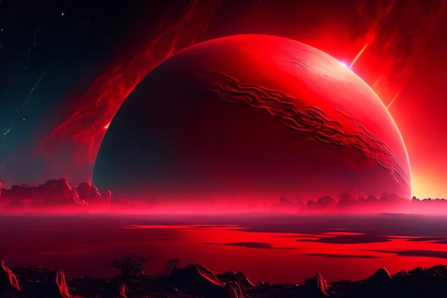 red exoplanet in the horizon, stars, stream, clouds, fantasy, sci-fi, hd.