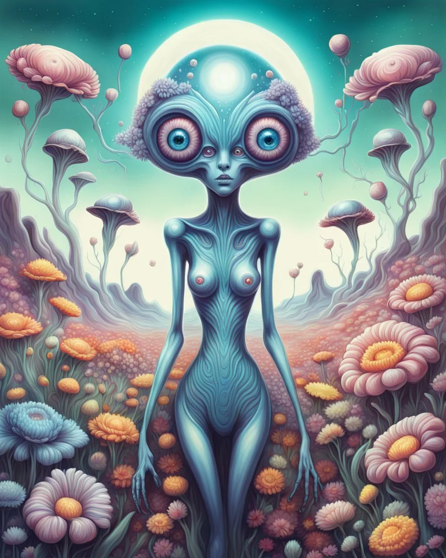 an ethereal alien creature with three eyes, with several extra limbs and slender composition, is i transitioning wild landscape full of flowers , highly polished, chrome airbrush style, dreamlike composition, color penciling color palette, surrealistic retro-futurism, fantasy, vintage scifi, psychedelic aesthetic, Camilla d'errica, pop surrealism, highly detailed, arthur lismet, artstation, 1960s psychedelic drawing, smooth