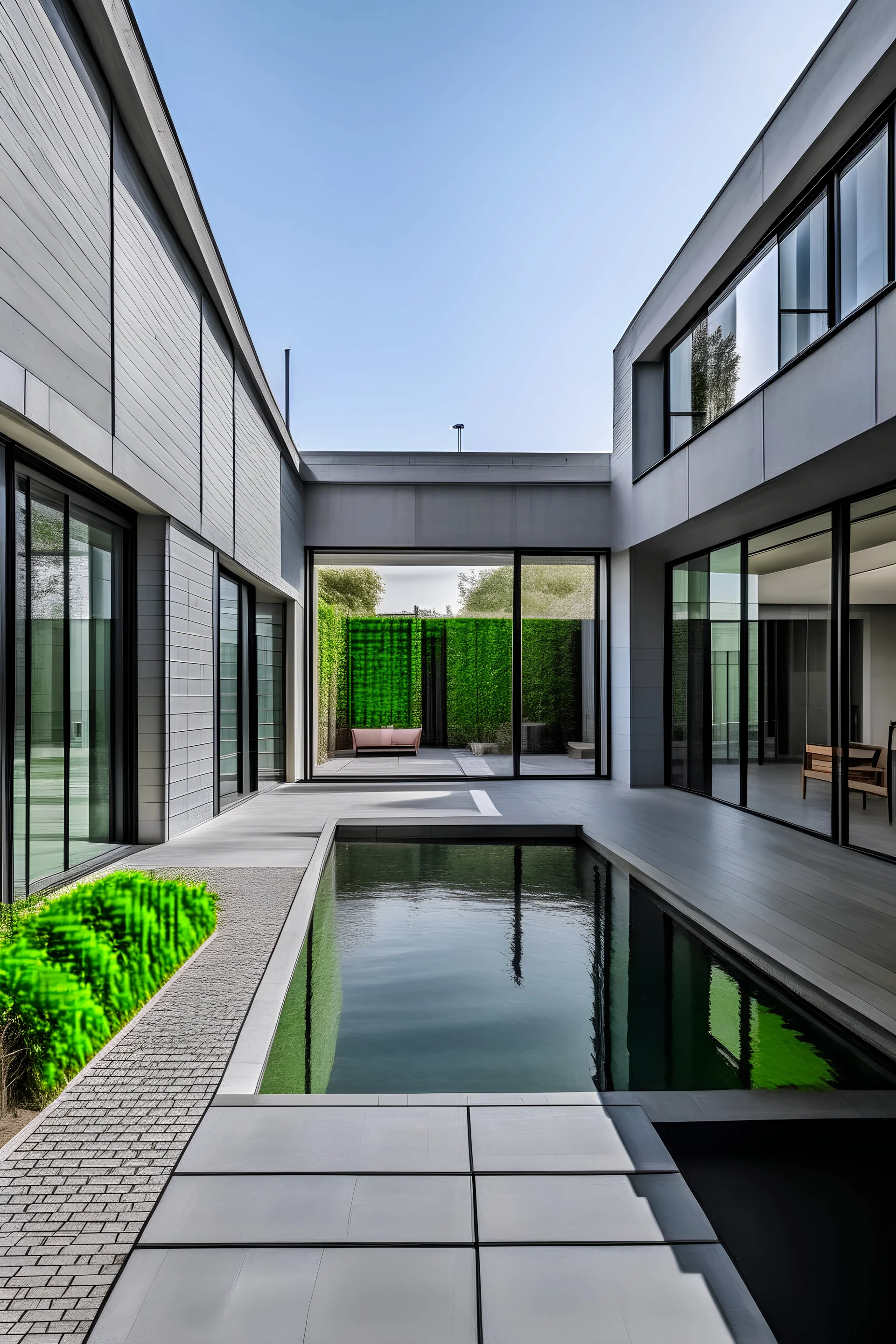 Vista exterior de patio. Piscina minimalista de concreto con borde desbordante 2,5 metros x 6 metros. Unida a galería con parrillero y living/cocina/comedor de 11 metros x 4,5 metros. Con puerta balcón unida a pileta