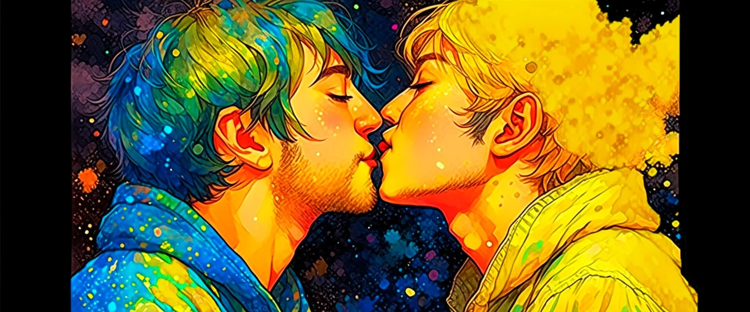 portrait anime man kissing man, ,yellow, stars hearts water, blue, watercolor, Yoshikata Amano, Edwin Landseer, Ismail Inceoglu, Russ Mills, Victo Ngai, Bella Kotak, hyperdetailed 8K resolution HDR DSLR, ultra detailed, ultra quality, CGSociety, intricately detailed, color depth, gliter, kiss