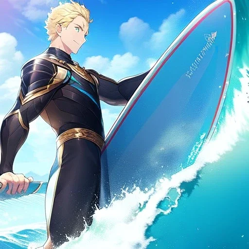 ONE anime blonde boy, riding the perfect waves, standing and balancing on a surfboard, going through a huge wave, brave