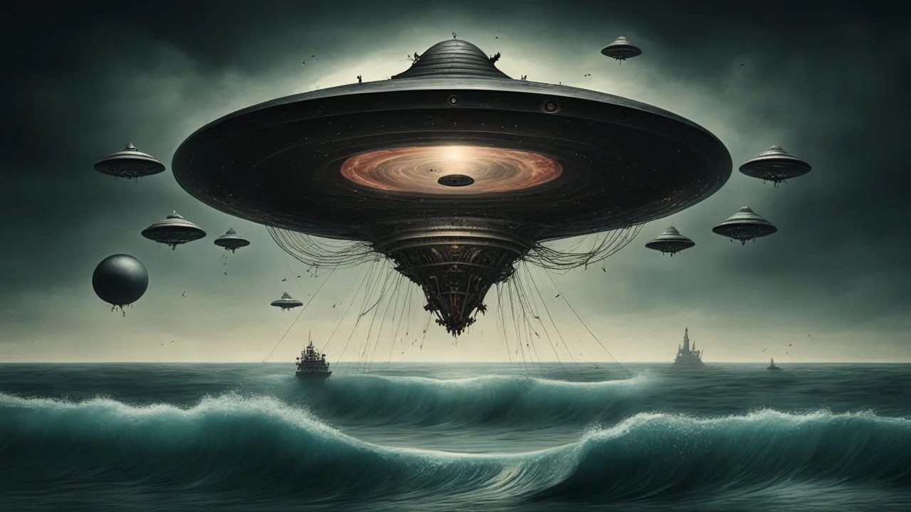 Hieronymus Bosch style nightmare Black kabbalah in the ocean huge ufo spaceship hovering above it