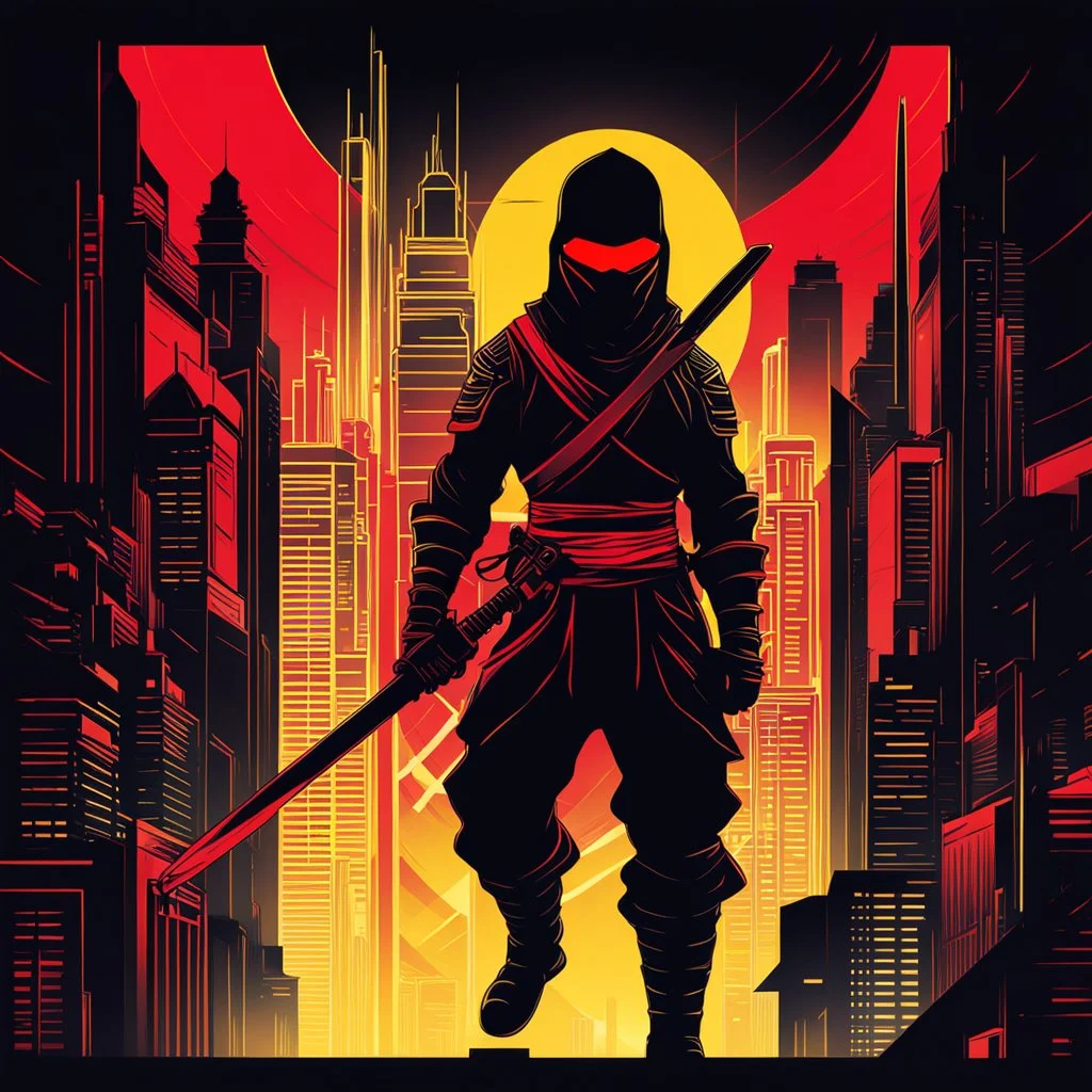 Ilustración minimalista de un ninja arte nouveau neón lineal color negro blanco rojo y amarillo calidad ultra fondo ciudad