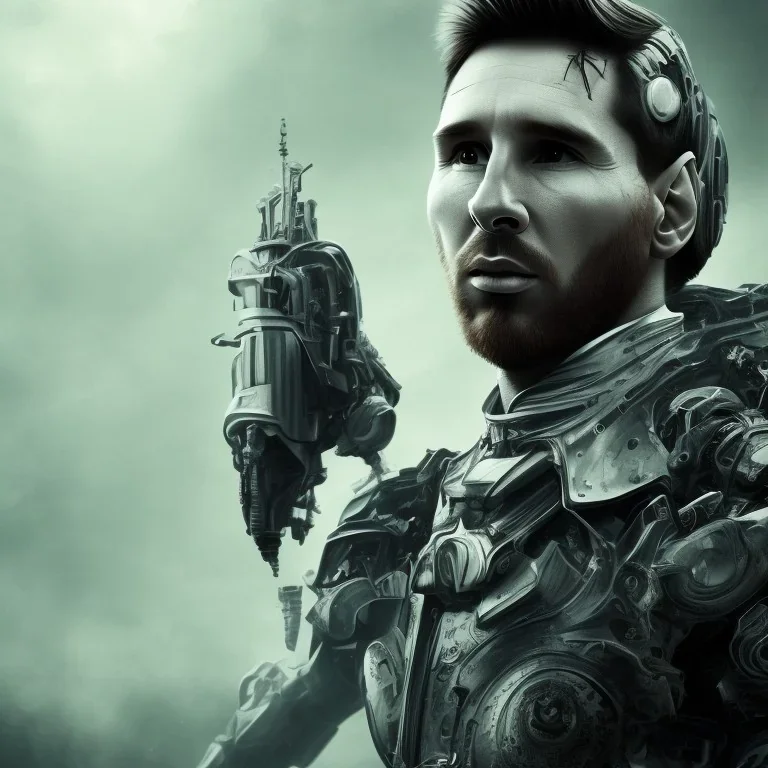 lionel messi perfect face and portrait post-apocalypse perfect cyborgs in a footbal stadium, sci-fi fantasy style, 8k,dark