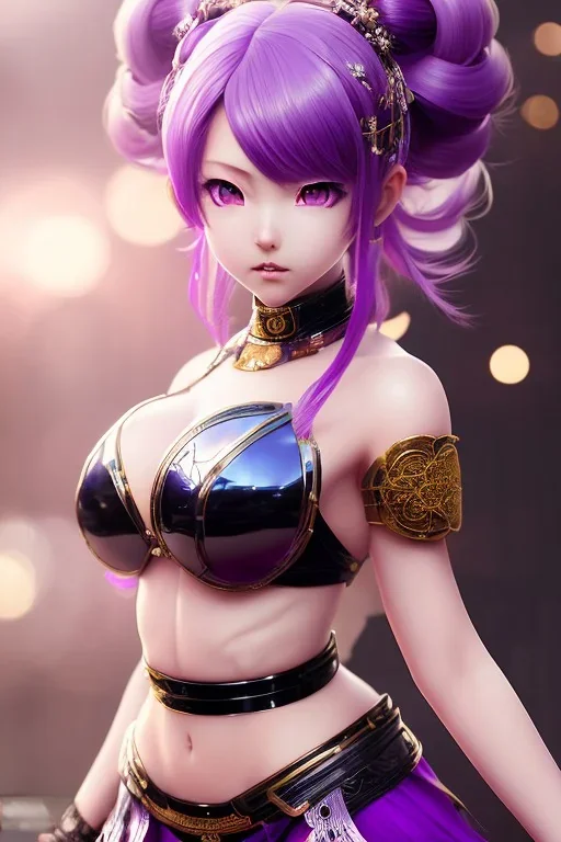 Detailed cute anime Kunoichi girl, purple hair buns, purple bangs, black latex bodysuit, intricate details, full body portrait, keep head in frame, slight smile, black Japanese motif, concept art, highly detailed, digital painting, concept art, sharp focus, illustration, art by Yoji Shinkawa, WLOP and greg rutkowski and alphonse mucha and artgerm and yanjun Chen and Junji ito and Makoto Shinkai, HDR, octane render