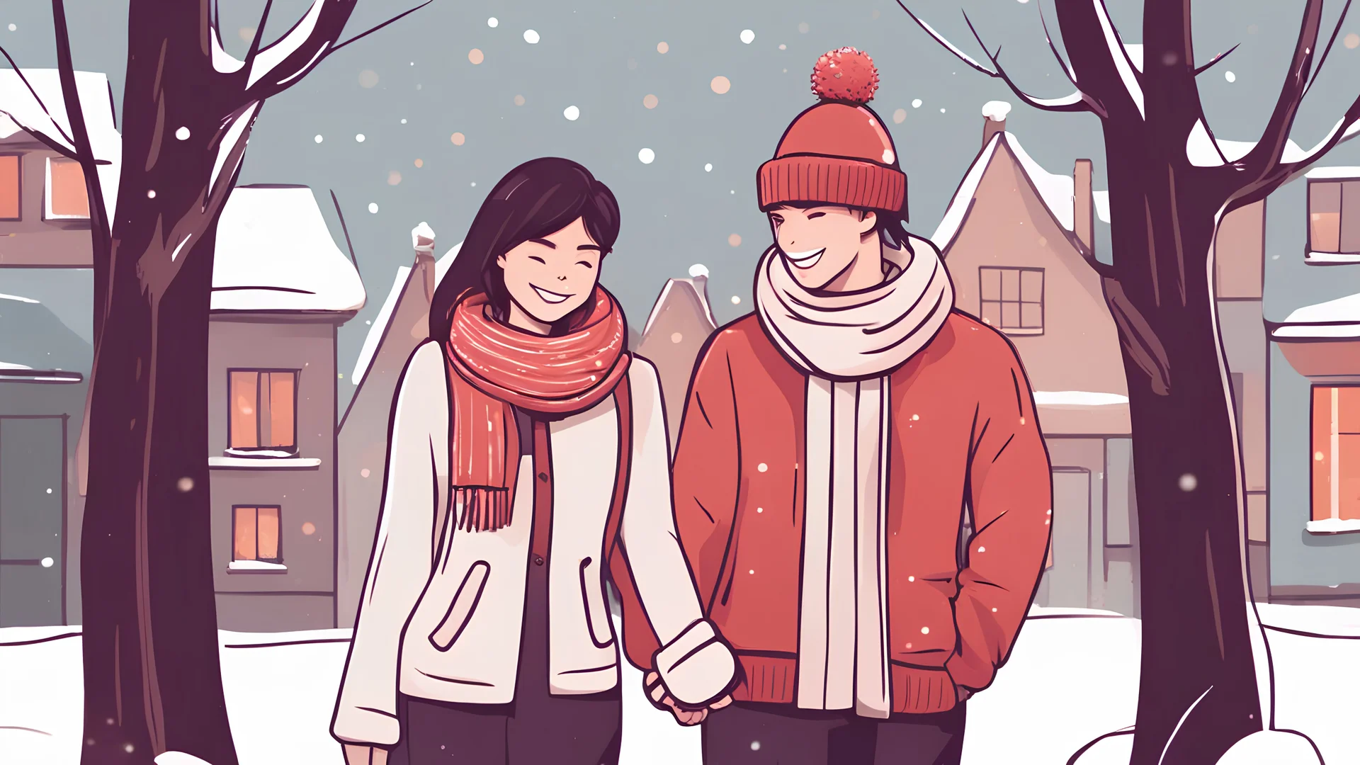 a man and a woman standing next to each other, smiling couple, warm and joyful atmosphere, having a good time, happy couple, warm friendly expression, man, holiday season, attractive man, cutest, 😭🤮 💔, handsome man, wearing festive clothing, smiling at each other, warm smile, trending ，, winter setting, festive atmosphere, date, cozy