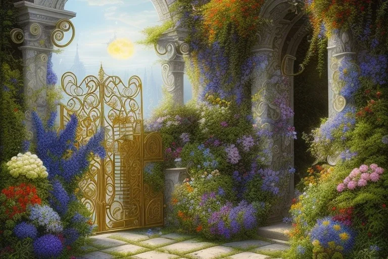 intricate ornate gate, garden, path, flowers, fine detail, high quality, Classical realism, mystical,