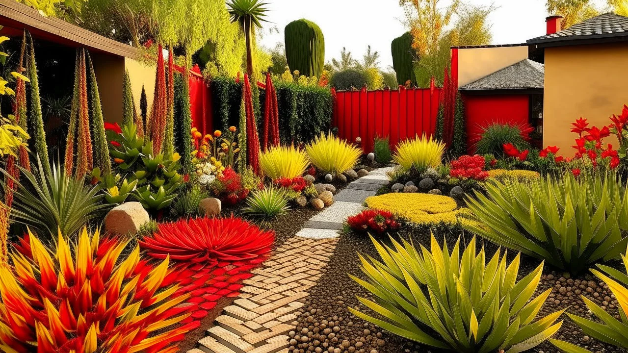 A bold garden scene showcasing a mix of fiery reds and warm yellows, spiky agave plants, angular pathways, intricate artistic features, diverse surface textures, with dramatic lighting creating depth and interest., scandinavian vibe, diffused pale light