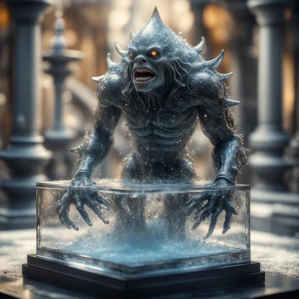 giger escher ogre araknid sculpture in transparent murano glass beeing sprinkled by fountain inside broken glass box,bokeh like f/0.8, tilt-shift lens 8k, high detail, smooth render, down-light, unreal engine,bokeh like f/0.8, tilt-shift lens 8k, high detail, smooth render, down-light, unreal engine