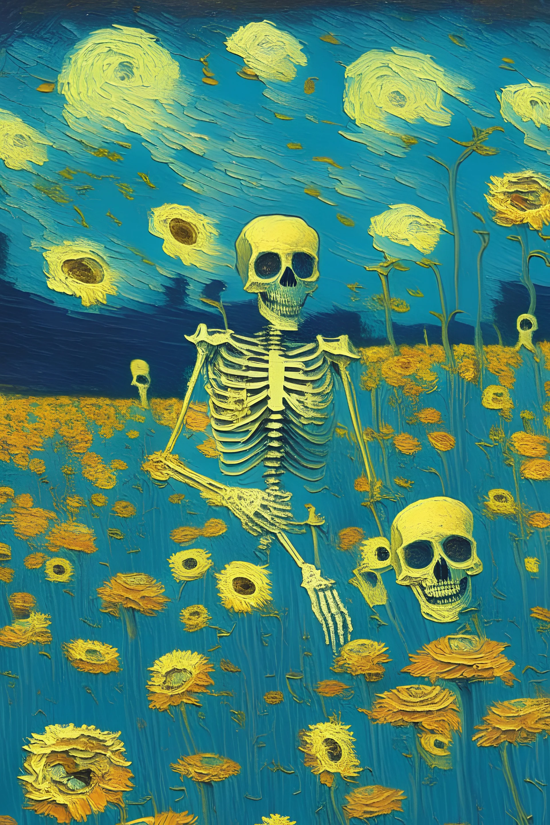 happy skeleton field of flowers by van gogh