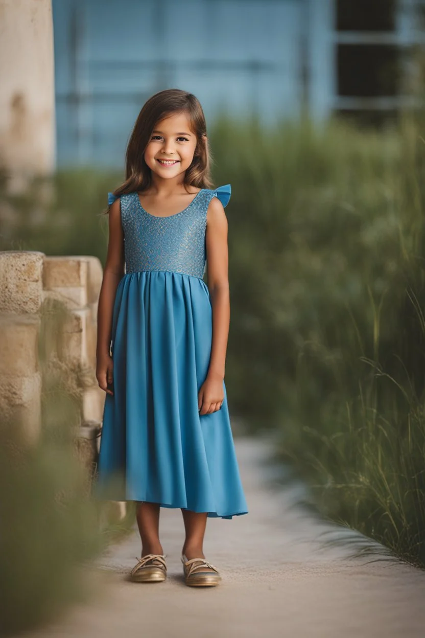 Little 8 years old girl wearing a dress, blue dress,standing pose