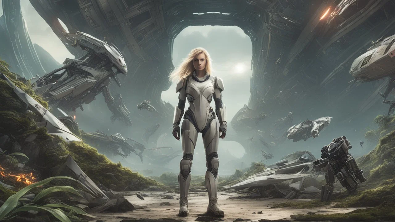 Wide-angle, full body of a woman, with straight blond hair, dressed like a robot, with equipment in her hands, next to a crashed spaceship, on an alien jungle world in the multiverse